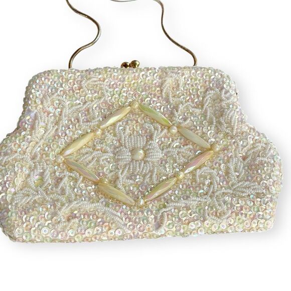 Vintage Opalescent Sequin Seed Bead Kisslock Snake Chain Evening Frame Purse - Picture 5 of 16